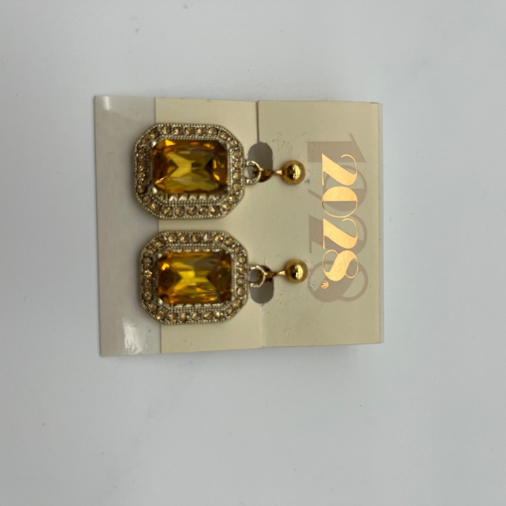1928 Jewelry Earrings Womens OS Gold Amber‎ Emerald Cut Crystal Drop 56293 NEW
